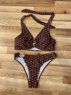 Brown Polka Dot Halter Bikini Top With Bottom Size Medium NWOT